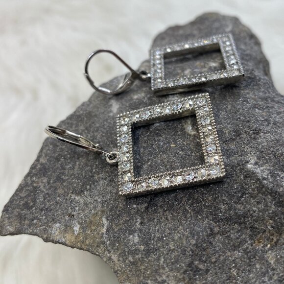 Silver Tone Rhinestone Square Dangle & Drop Earrings - Picture 2 of 6